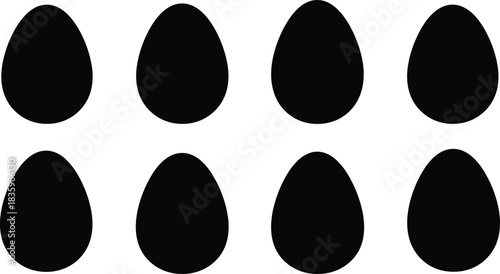 Eight Black Egg Silhouettes in Two Rows on White Background eggs