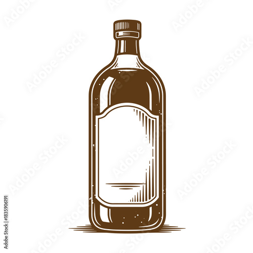 Vintage brown sketch illustration of a bottle with blank label for alcoholic beverage