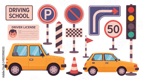 Driving school vector illustration featuring cars traffic signs and a drivers license ideal for educational materials and web design