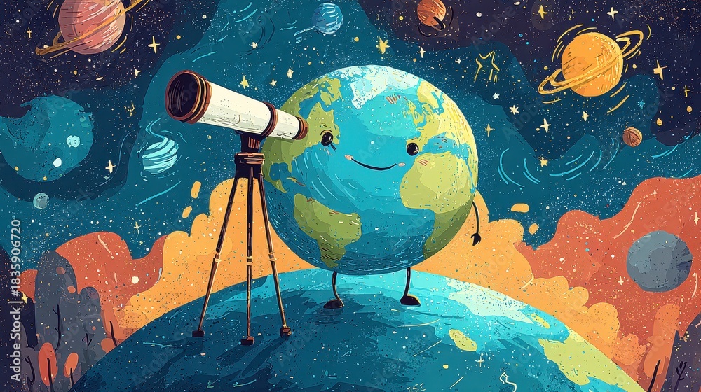 Naklejka premium Cute cartoon Earth with telescope, discovering galaxies in space, vibrant and educational illustration