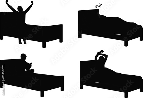 Four Silhouettes of People in Bed Showing Different Activities sleep wake