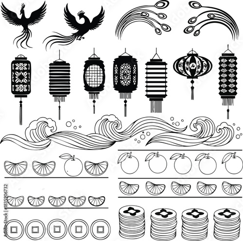 A collection of black and white illustrations featuring Chinese New Year icon pack with lanterns, coins, and fruits on a white background. Perfect for celebrations, cultural festivals, and
