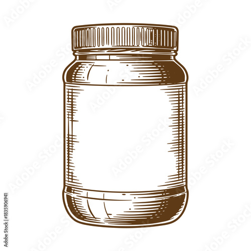 Vintage sketch illustration of an empty glass jar with a lid on a white background