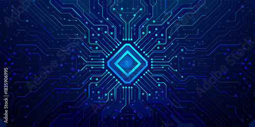 Abstract blue technology circuit board background with central processor unit