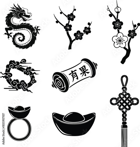 A collection of eight black and white Chinese New Year icons including a dragon, plum blossoms, a lantern, a scroll, a coin, and other traditional symbols. Perfect for celebrations,