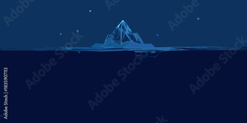 Abstract iceberg landscape with underwater reflection and stars in a dark blue sky