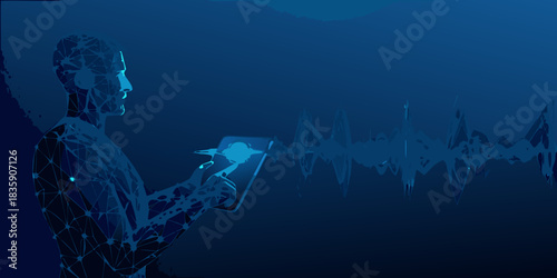 Abstract digital man interacting with audio waveform on tablet device