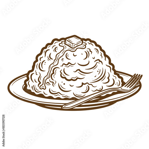 Vintage sketch of mashed potatoes with butter served on a plate with a fork