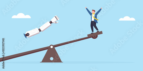 Human vs ai a businessman on a seesaw with a robot arm