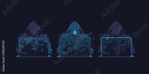 Abstract hooded figures in dark blue and teal tones