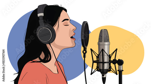 Female singer with headphones singing into a microphone vector illustration for music production isolated on white background