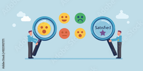 Customer feedback analysis with magnifying glass and smiley faces illustration