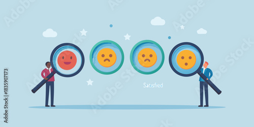 Customer satisfaction survey feedback with magnifying glass and diverse people