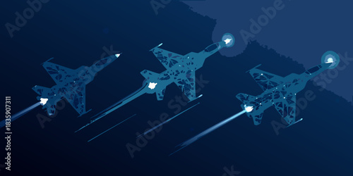 Three fighter jets flying in formation at night with afterburners on