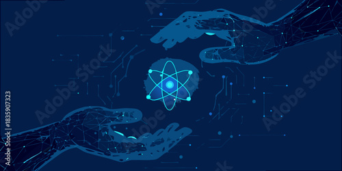 Hands holding atom with digital circuitry on dark blue background