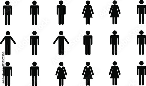 Grid of Black Silhouette Stick Figures Representing Men and Women people woman