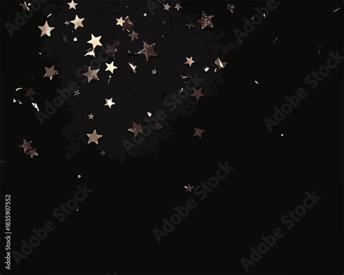 어두운 배경에 흩날리는 반짝이는 금색 별 모양 조각들로 장식된 우아하고 고급스러운 추상적인 축하 배경 벡터 디자인.