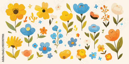 따뜻한 색감의 수채화 스타일로 표현된 다양한 노란색, 파란색, 주황색 들꽃 일러스트레이션 모음