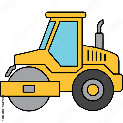 Yellow steamroller construction vehicle compacting asphalt on a black background with clean flat design illustration