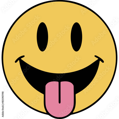 Yellow smiley face icon with tongue sticking out and black oval eyes on a solid black background conveying a playful and mischievous emotion, simple cartoon graphic illustration