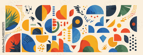 따뜻한 색감의 기하학적 추상 패턴 디자인, 열대 식물 모티브와 미니멀리즘 조화