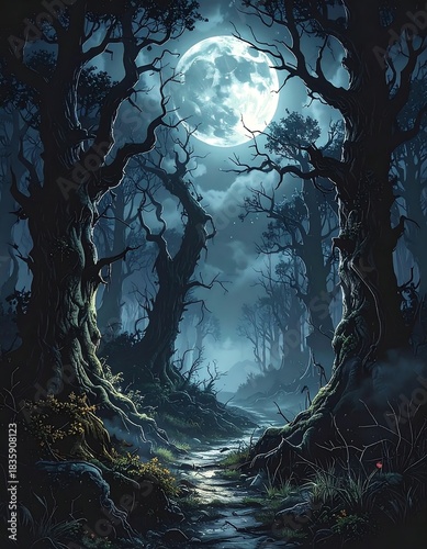 Eerie night scene Forest path bathed in moonlight