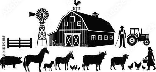 Silhouette farm elements including barn, tractor, animals and farmer on white background windmill