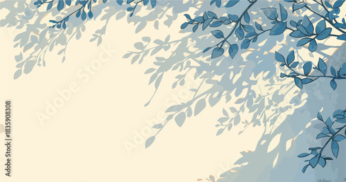 따뜻한 햇살 아래 드리워진 푸른 나뭇잎 그림자가 평화로운 분위기를 자아내는 배경 디자인, 자연의 고요함과 신선함을 담은 아름다운 벡터 일러스트레이션 아트