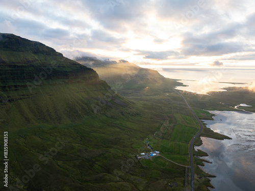 Aerial View of Mountains near Grundarfjörður in Iceland at Sunset