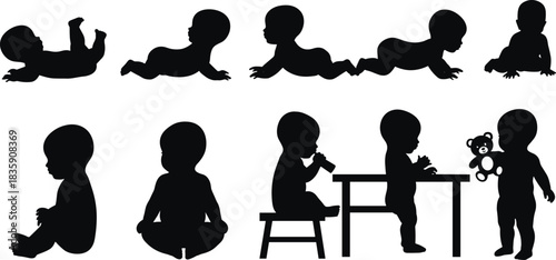 Silhouettes of babies in various poses and activities on a white background baby infant