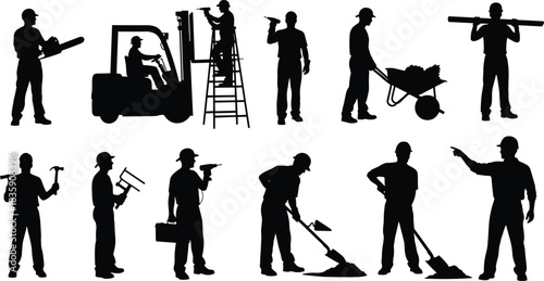 Silhouettes Of Construction Workers With Tools And Equipment vector illustration