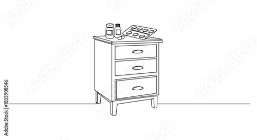 Line drawing of a simple wooden nightstand with three drawers, pens, and a notebook on top, isolated on a transparent background