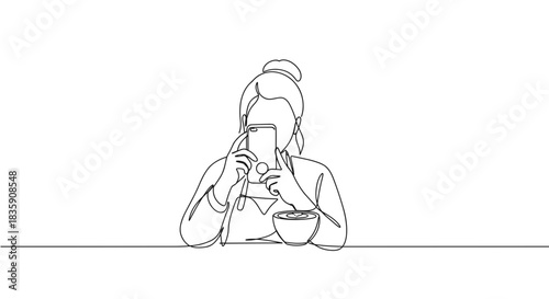 Line drawing of a young woman sitting at a table eating noodles with chopsticks while taking a photo with her smartphone, isolated on a transparent background