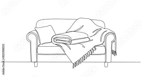 Line drawing of a cozy living room couch with a blanket and a pillow draped over it isolated on a transparent background