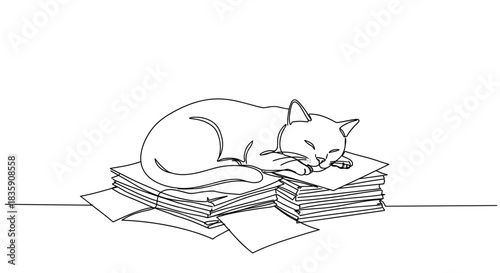 Line drawing of a sleeping cat on a stack of papers with a cozy home setting and warm lighting on a transparent background