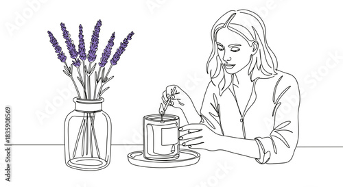 Line drawing of a woman stirring a candle in a ceramic cup while sitting at a table next to a vase of lavender flowers on a transparent background
