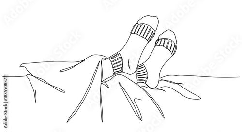 Line drawing of two feet wearing warm knitted socks relaxing under a cozy blanket, isolated on transparent background