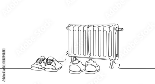 Line drawing of a radiator with cozy slippers placed beside it, creating a warm and inviting indoor atmosphere on a transparent background.