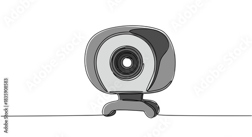 Line drawing of a webcam featuring a circular lens, sleek design, and stand, isolated on a transparent background with a minimalistic aesthetic.