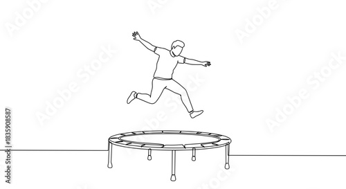 Line drawing of a person jumping on a trampoline in an outdoor setting, captured mid-air with arms extended and a joyful expression, on a transparent background