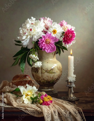 Floral still life with bouquet, candle, and lace