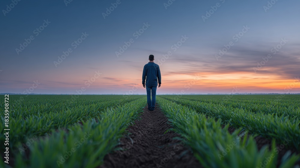 Fototapeta premium Farmer Walking Through Green Crop Field at Dusk, Silhouette Against Colorful Sunset Sky
