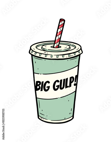 Retro Soda Cup Illustration.Cartoon Big Gulp Drink.Vintage Soft Drink Graphic.Hand Drawn Fast Food Beverage.Disposable Cup with Straw