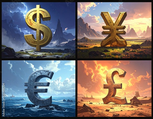 Four majestic currency symbols placed in dramatic landscape settings