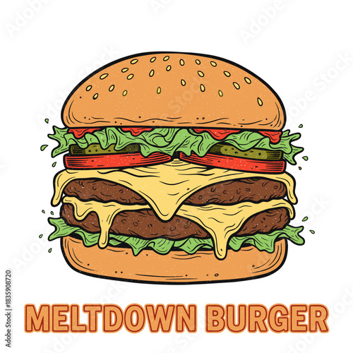 Meltdown Double Cheeseburger.Retro Grunge Burger Vector.Delicious Fast Food Mascot.Vintage Style Patty Melt.Extreme Melted Cheese Sandwich