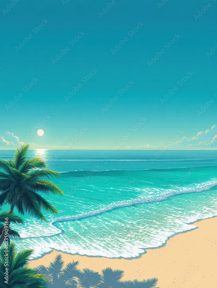 Fototapeta premium Turquoise Ocean Meets Sandy Beach With Palm Silhouettes Under Golden Sunlight on a Clear Horizon