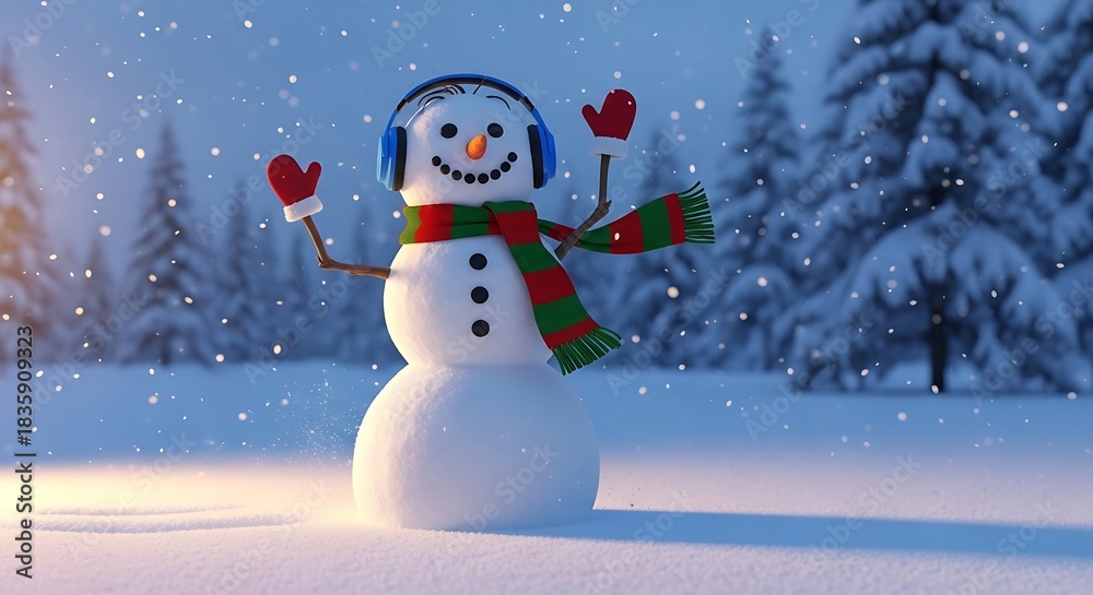 Fototapeta premium Happy Snowman Wearing Headphones and Mittens in Snowy Forest.