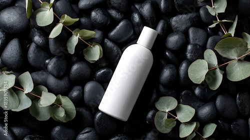 White Cosmetic Bottle on Black Pebbles with Green Eucalyptus Leaves