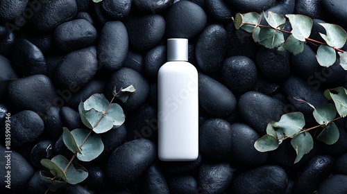 Minimalist White Cosmetic Bottle on Black Pebbles with Eucalyptus Leaves