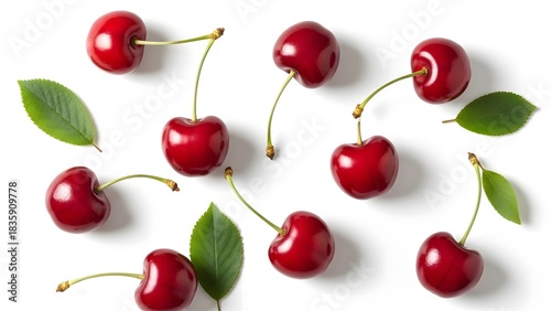 Sweet Cherry Composition: A vibrant arrangement of ripe, red cherries with their green leaves, creating a visually appealing still life, perfect for culinary and fresh themes.